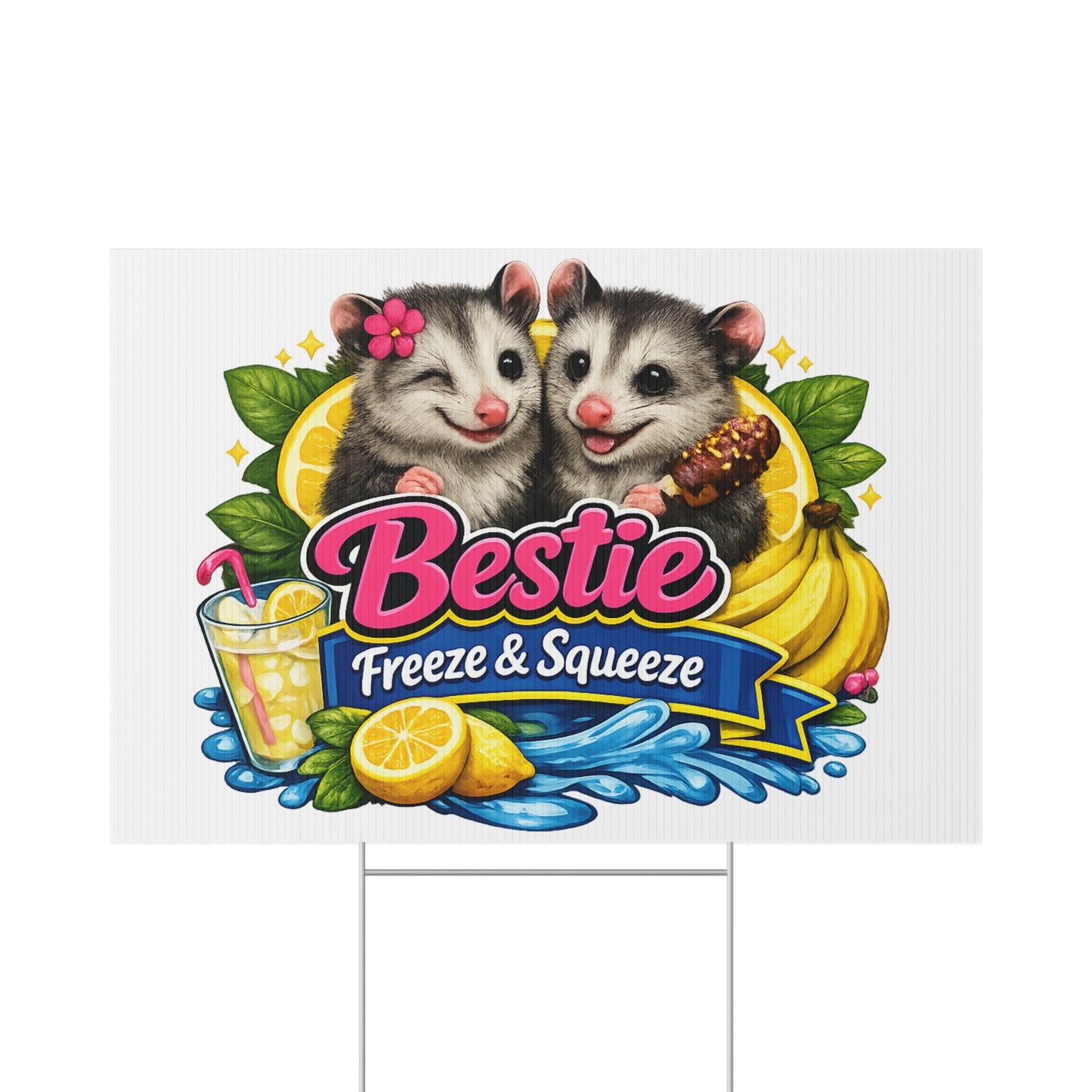 Lawn Sign — "Bestie Freeze & Squeeze" Cute Opossum Lemonade Stand Yard Sign