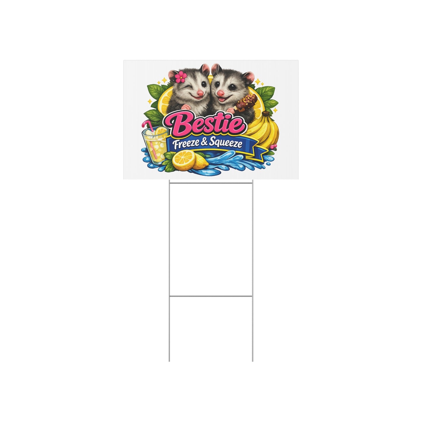 Lawn Sign — "Bestie Freeze & Squeeze" Cute Opossum Lemonade Stand Yard Sign