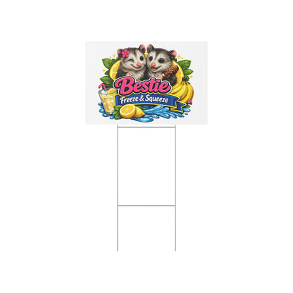 Lawn Sign — "Bestie Freeze & Squeeze" Cute Opossum Lemonade Stand Yard Sign